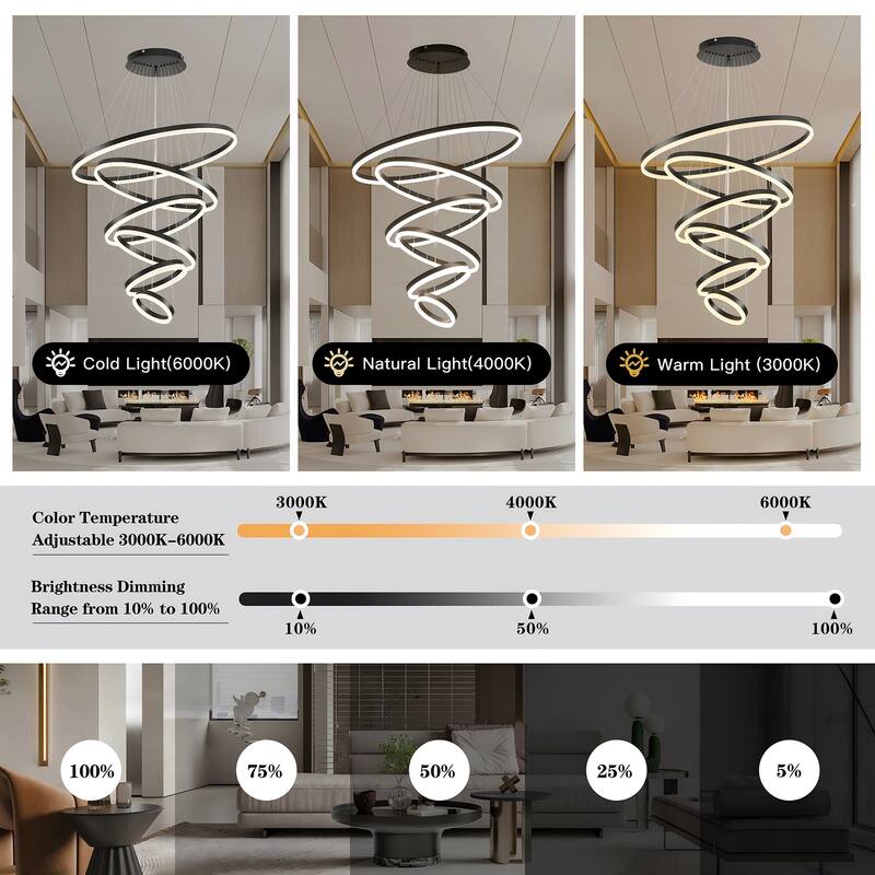 Modern Ring LED Chandelier Large Circle Pendant Light for High Ceilings, Dimmable with Remote - 6 Rings