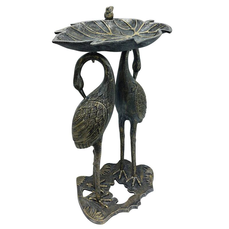 Cast Aluminum 30-in Twin Crane Bird Bath with Leaf Bowl