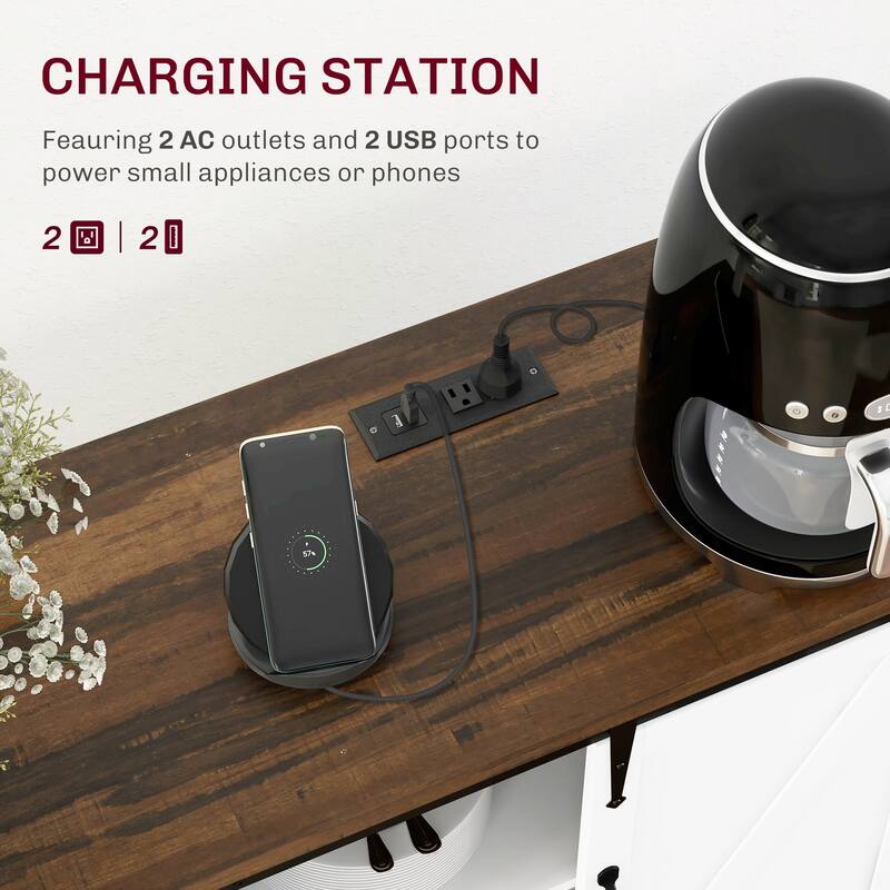 Sideboard Buffet Cabinet Storage Cabinet with Charging Station, Coffee Bar Cabinet with Sliding Doors & Adjustable Shelves