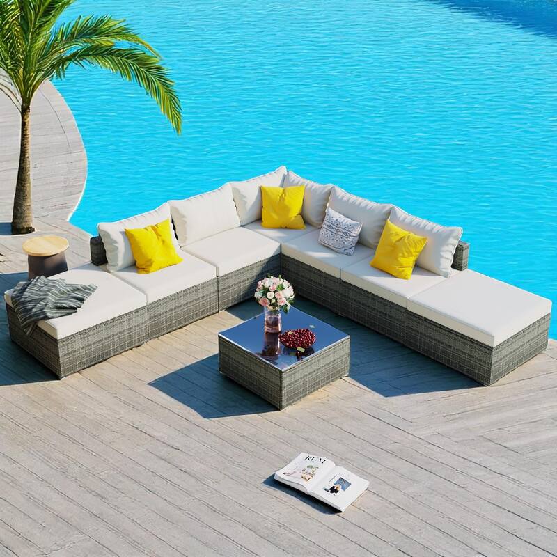 8-Piece Outdoor PE Wicker Patio Furniture Set, Modular Rattan Sectional Sofa with Ottomans for Garden, Backyard, or Poolside