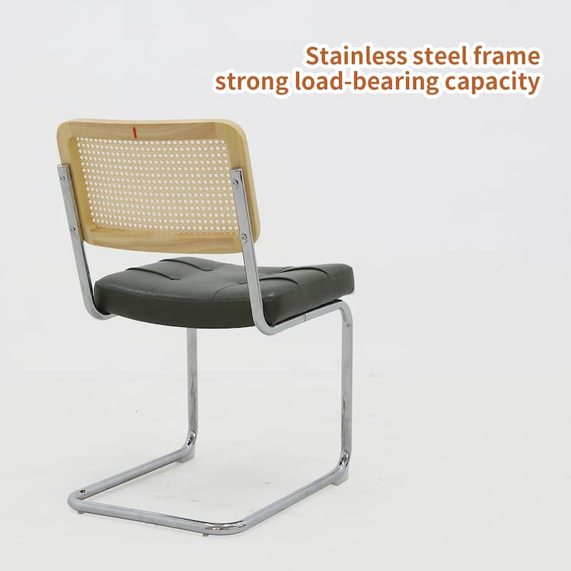 PU Upholstered Dining Chairs Set of 2, with Chrome Legs and Rattan Back