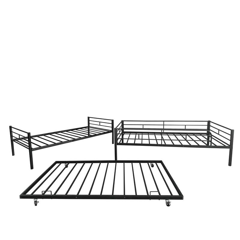 Twin-Over-Twin Steel Convertible Bunk Bed with Trundle and Detachable Design