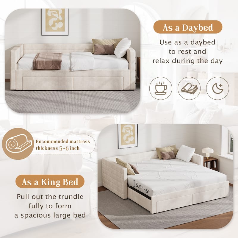 Tufted Upholstered Daybed with Pull-Out Expansion & 2 Hidden Drawers by Harper&Bright Designs