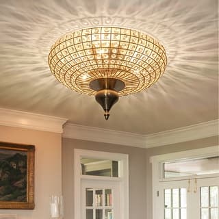 Retro French 3-Light Antique Brass Crystal Flush Mount Ceiling Light