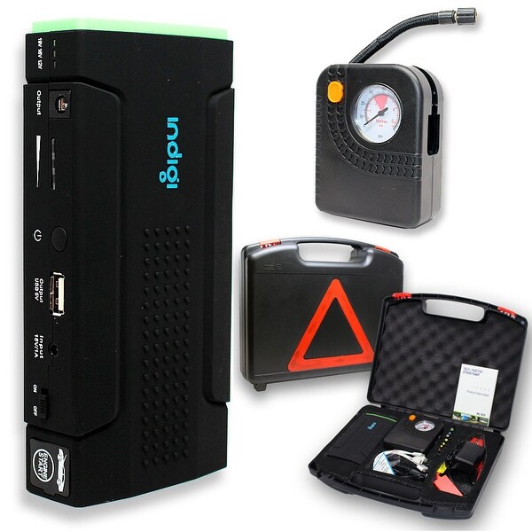 Indigi® 12800mAh HeavyDuty Rugged Portable Automotive Jump Starter PowerBank w/ Hard Carrying Case & Tire Inflator Included