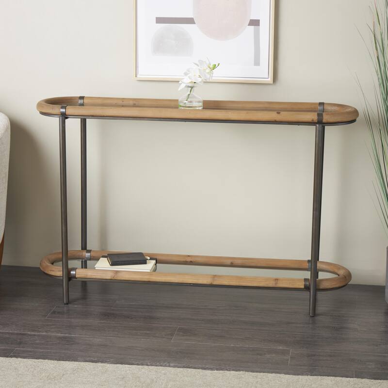 Metal Oval 1 Shelf Console Table with Brown Wooden Framed Glass Tabletop - Brass - Roche River Decor