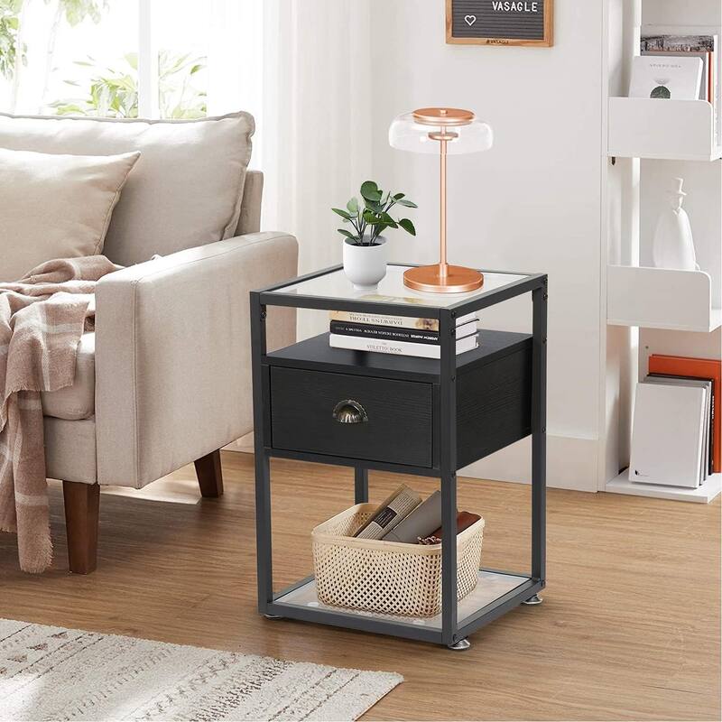 Nightstands for Small Spaces, Modern End Tables with Glass Top, Side Tables with Drawers