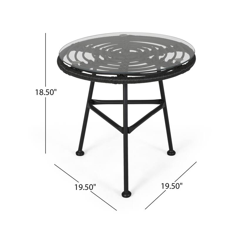 Tee Outdoor Side End Table, 20 Inch Rattan Weave with Glass Top, Gray