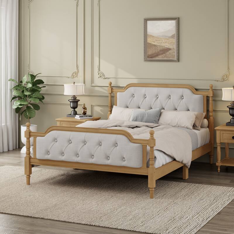 Wooden Platform Bed with Tufted Upholstered Headboard Footboard, No Box Spring Needed, Wood Slat Support Low Profile Bed