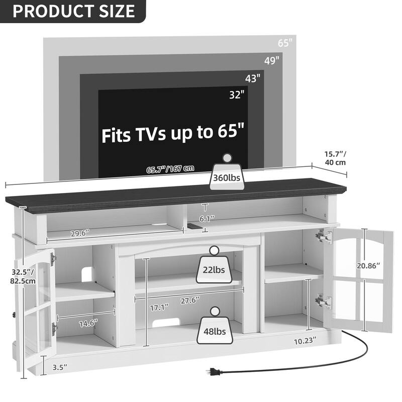 Moasis Farmhouse LED Lights TV Stand with Glass Doors, Entertainment Center w/Shelves for Living Room for TVs up to 65"