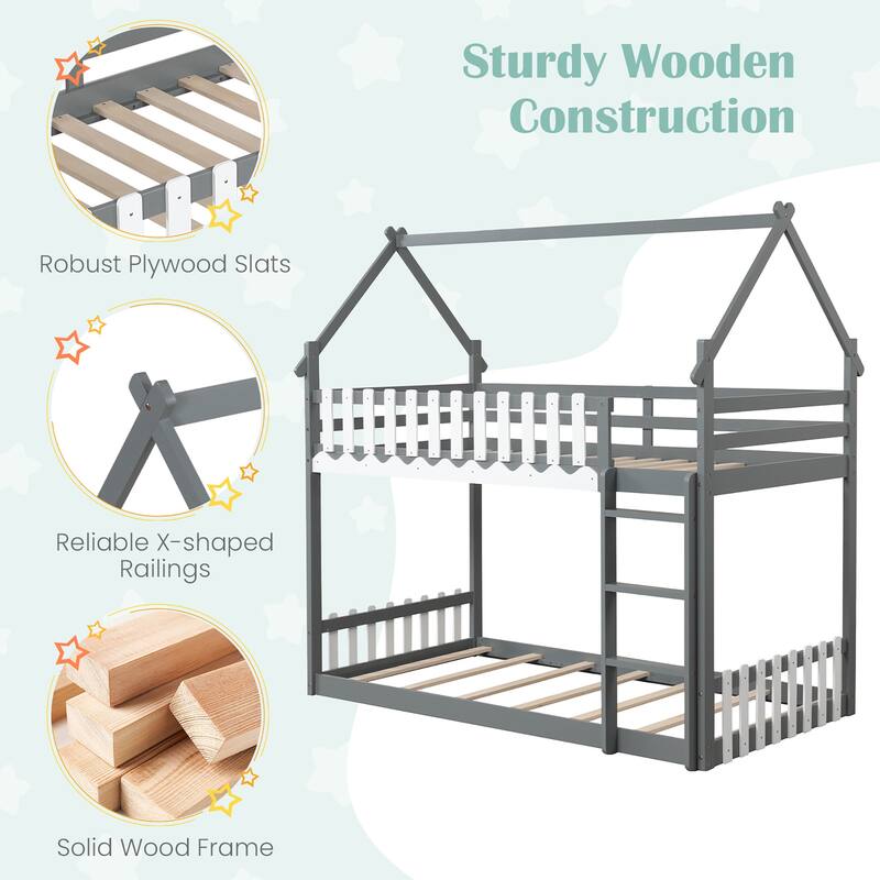 Gymax Twin Over Twin Bunk Bed w/ Fence & Ladder Solid Wood Floor Bunk