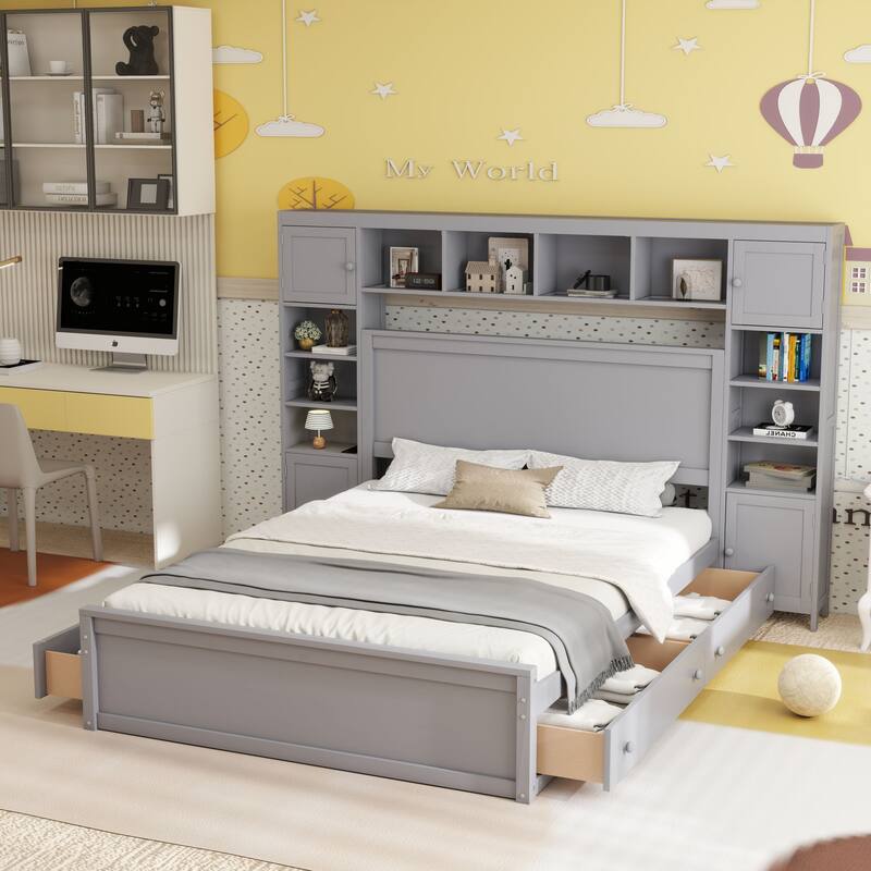 Modern Platform Bed with Integrated Cabinet, Trundle Bed and Drawers