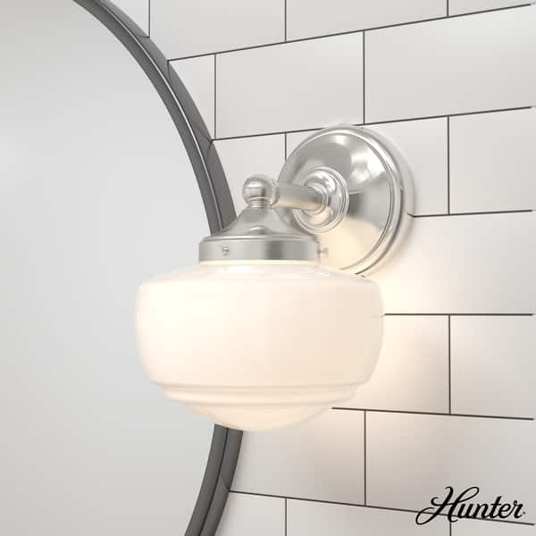 slide 2 of 6, Hunter Saddle Creek 1-Light Wall Sconce - Modern Schoolhouse, Transitional - Damp Rated! Brushed Nickel-White Glass