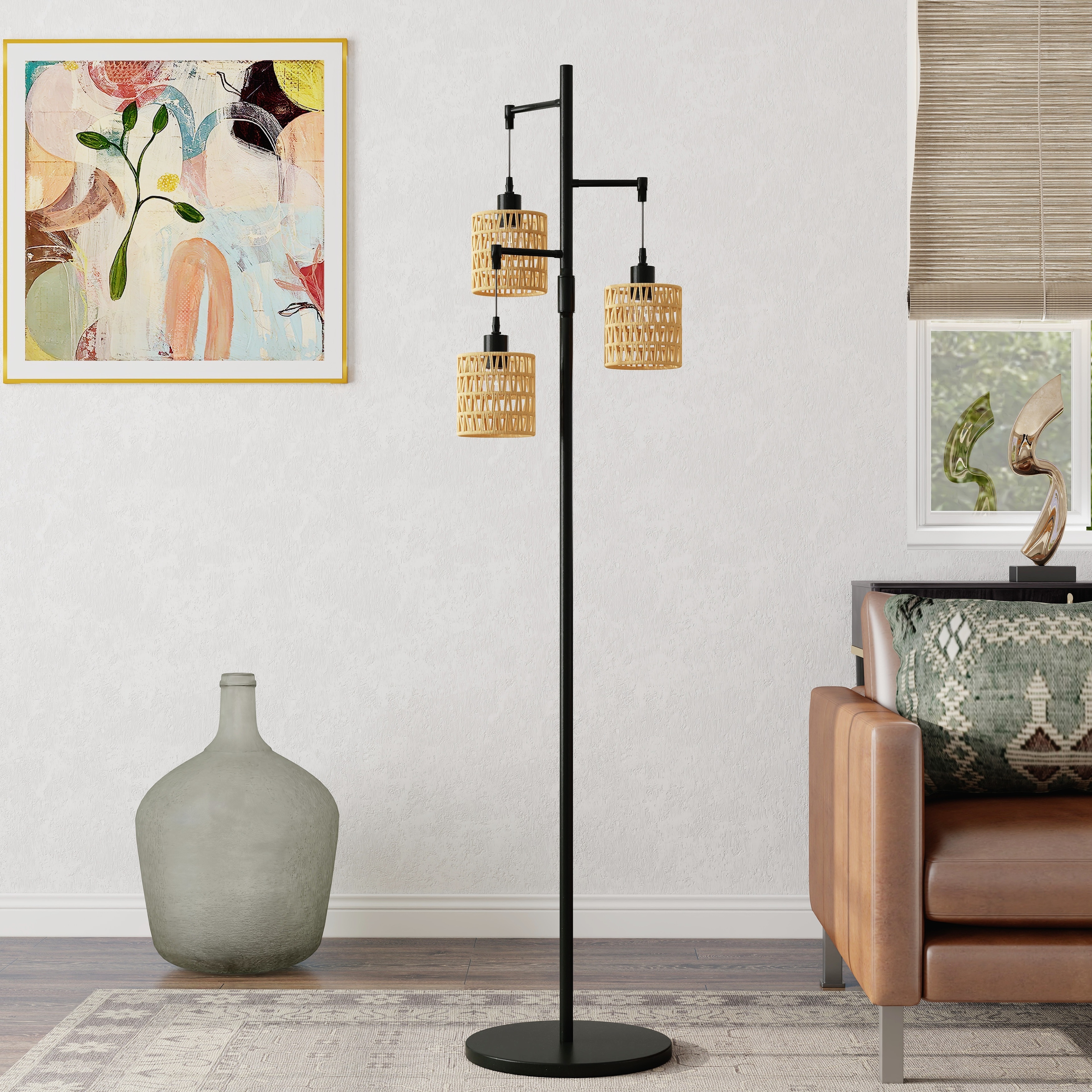 3 Light Standing Lamp Rattan Boho Tree Floor Lamps