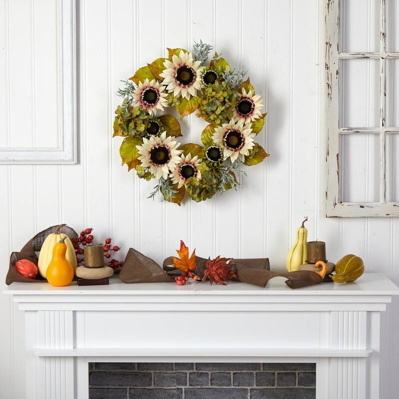Sunflower and Hydrangea Autumn Artificial Wreath, 24-Inch, Unlit