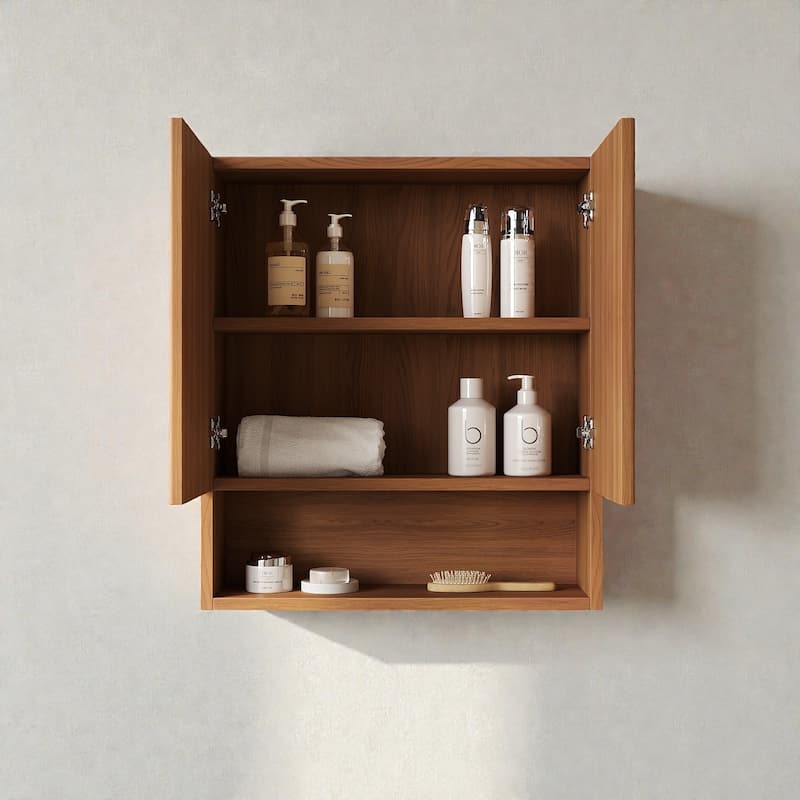 26" Wall-Mounted Striped Bathroom Storage Cabinet with Doors, Shelf & Open Compartment, Over-The-Toilet Organizer