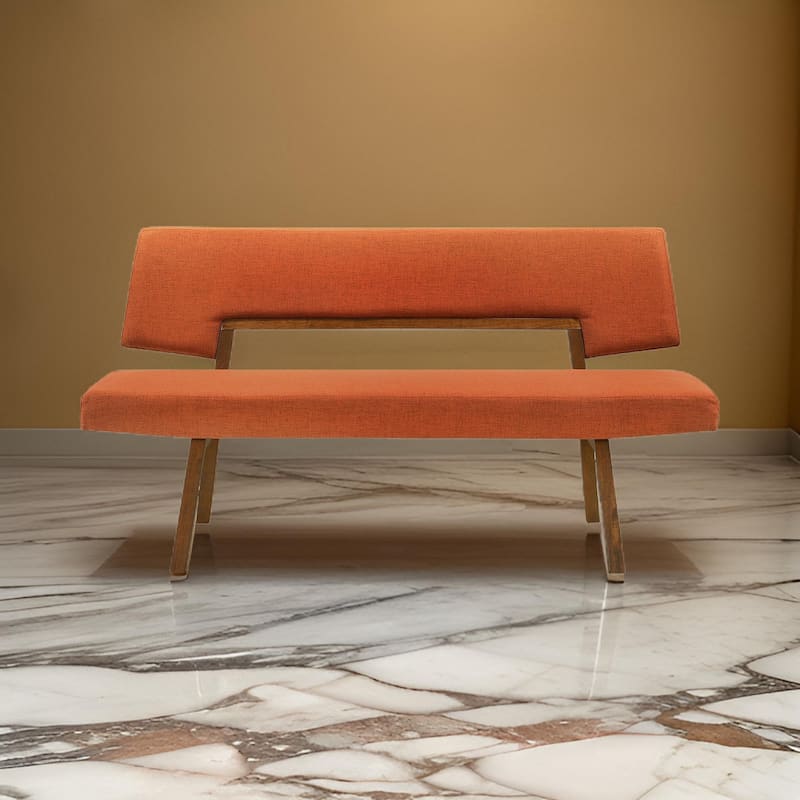 Yumi 63 Inch Dining Bench, Seat and Back with Orange Fabric, Walnut