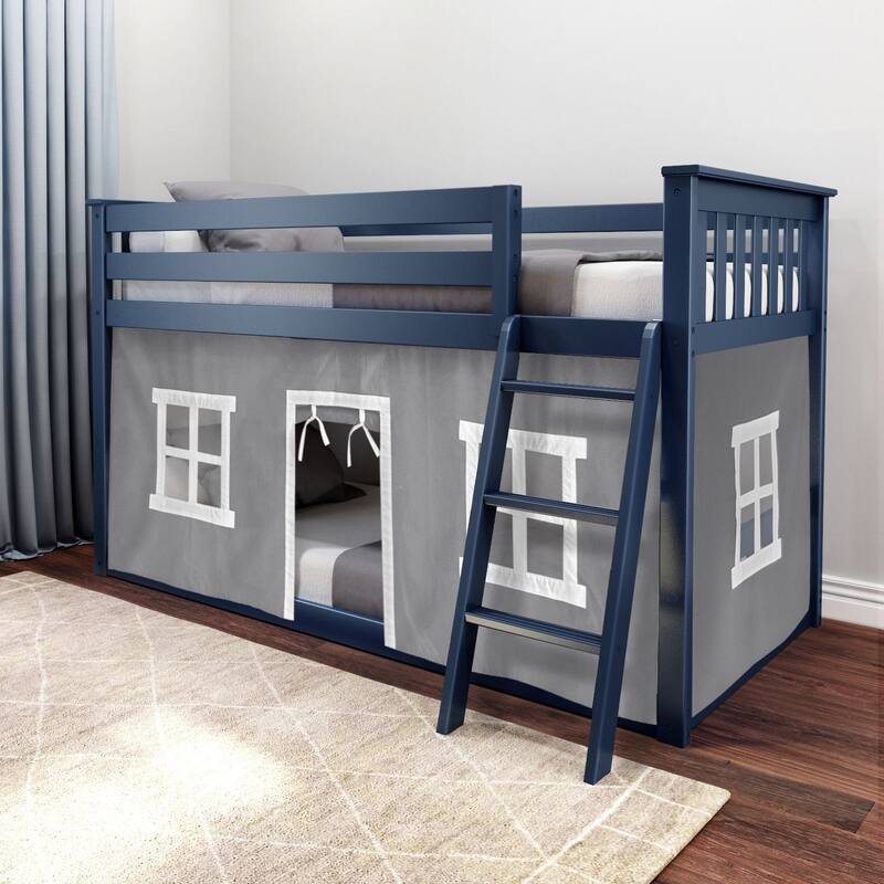 Max and Lily Twin over Twin Low Bunk with Curtains - Blue with Grey/White Curtain