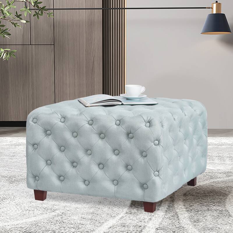 Adeco Linen Fabric Standard Ottoman Bench Square Cube Foot Rest Stool