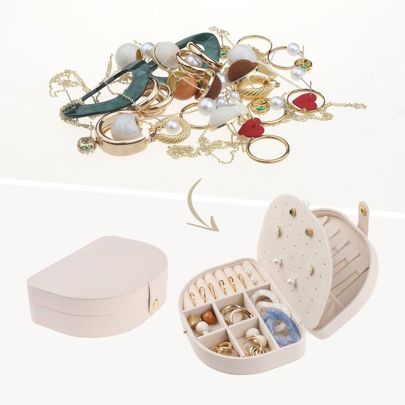 Travel Size Jewelry Box, Small Portable Seashell-Shaped Jewelry Case, PU Leather Mini Jewelry Organizer - 17x12x5cm - Beige
