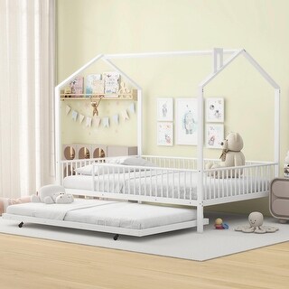 Metal House Bed with Fence, With Trundle