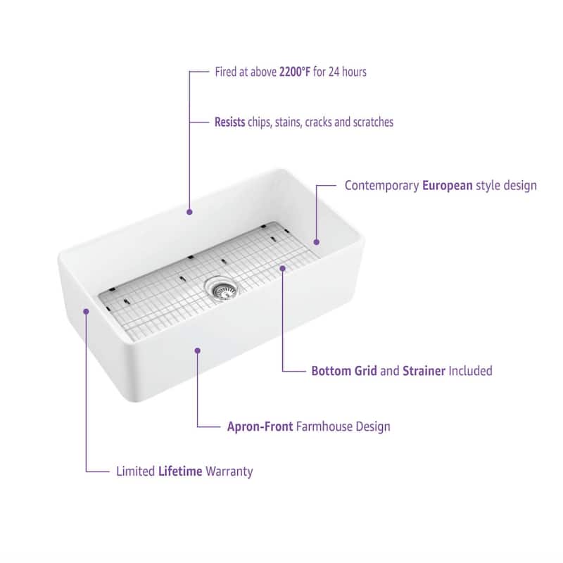 36" White Fireclay Farmhouse Undermount Kitchen Sink with Bottom Grid and Strainer