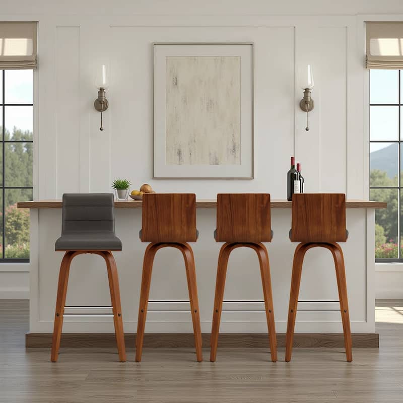 Skara Swivel Bar Stool, Upholstered Bar Height Chair with Bentwood Frame - Grey & Walnut - Set of 4