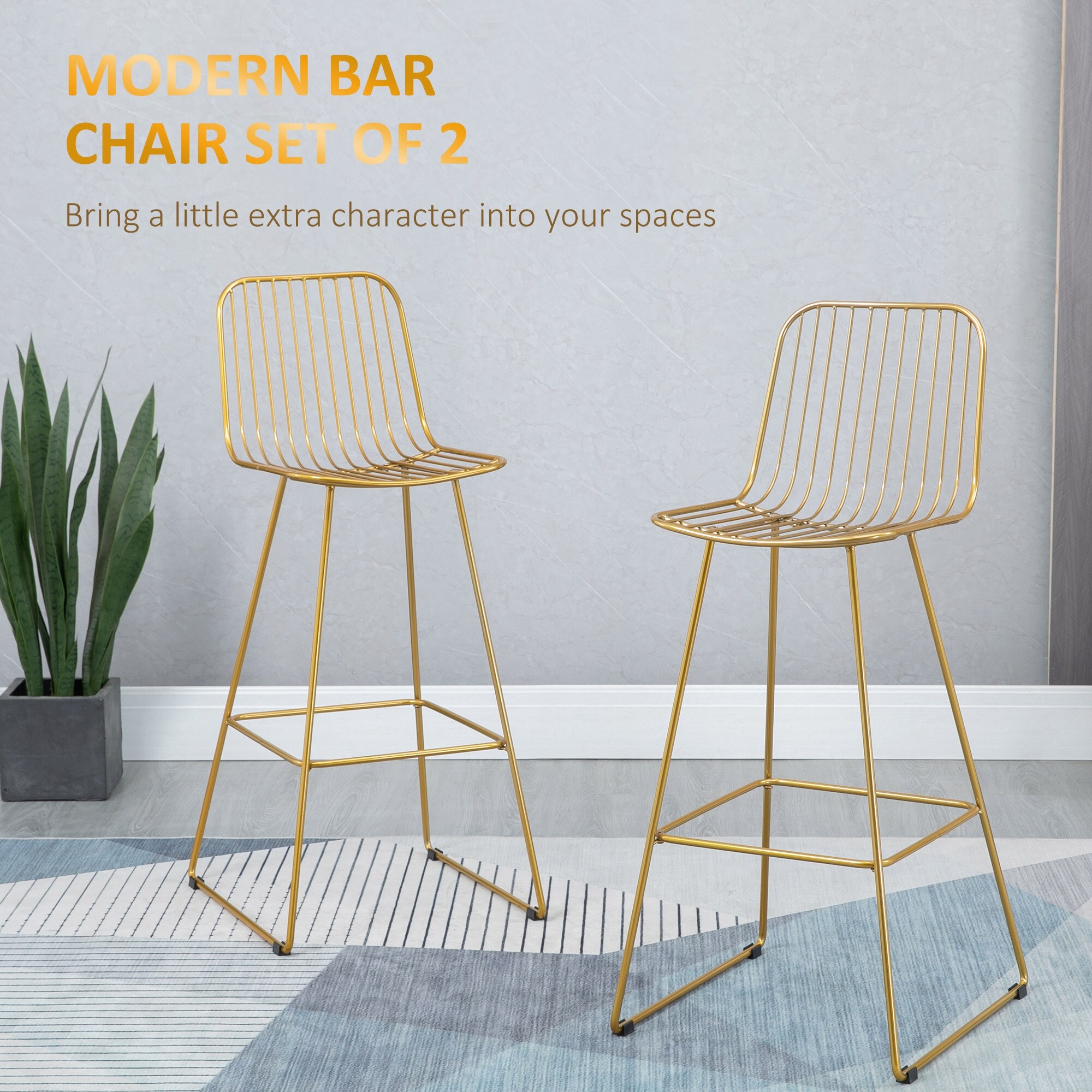 HOMCOM Modern Bar Stools Set of 2, Metal Wire Bar Height
