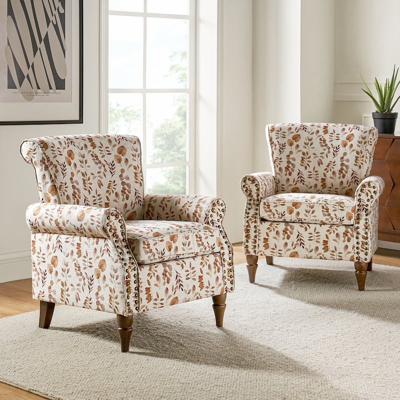 Avelina Upholstered Accent Armchair Floral Pattern with Nailhead Rolled Arms Set of 2 - YELLOW