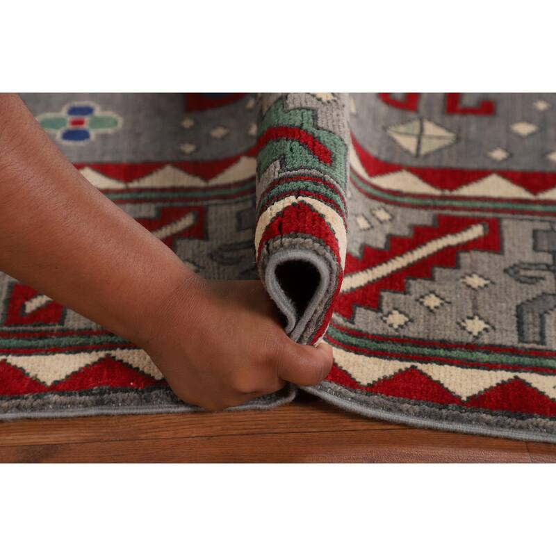 Geometric Gray Kazak Oriental Area Rug Handmade Wool Carpet - 6'4" x 10'0"