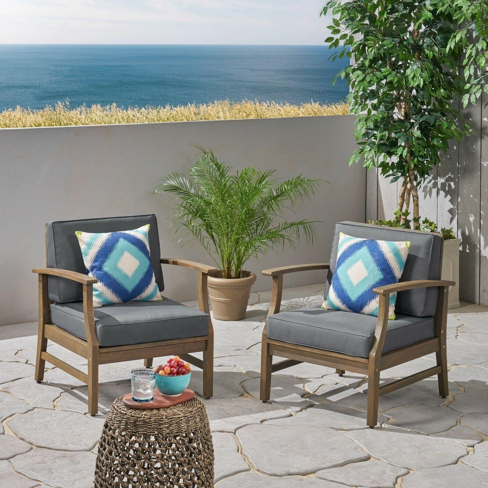 Set of 2 Club Chairs with Acacia Wood Frame and Slat Panel Design