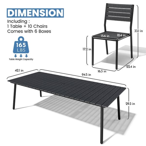 dimension image slide 1 of 4, 11-piece Outdoor Patio Aluminum Rectangle Dining Set with Umbrella Hole