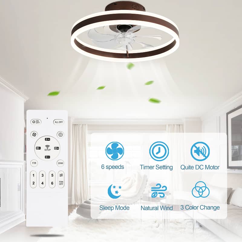 Oaks Aura Modern 20in. Low Profile Ceiling Fan with Light, 6-Speed Flush Mount Ceiling Fan, Smart App Remote Control For Bedroom