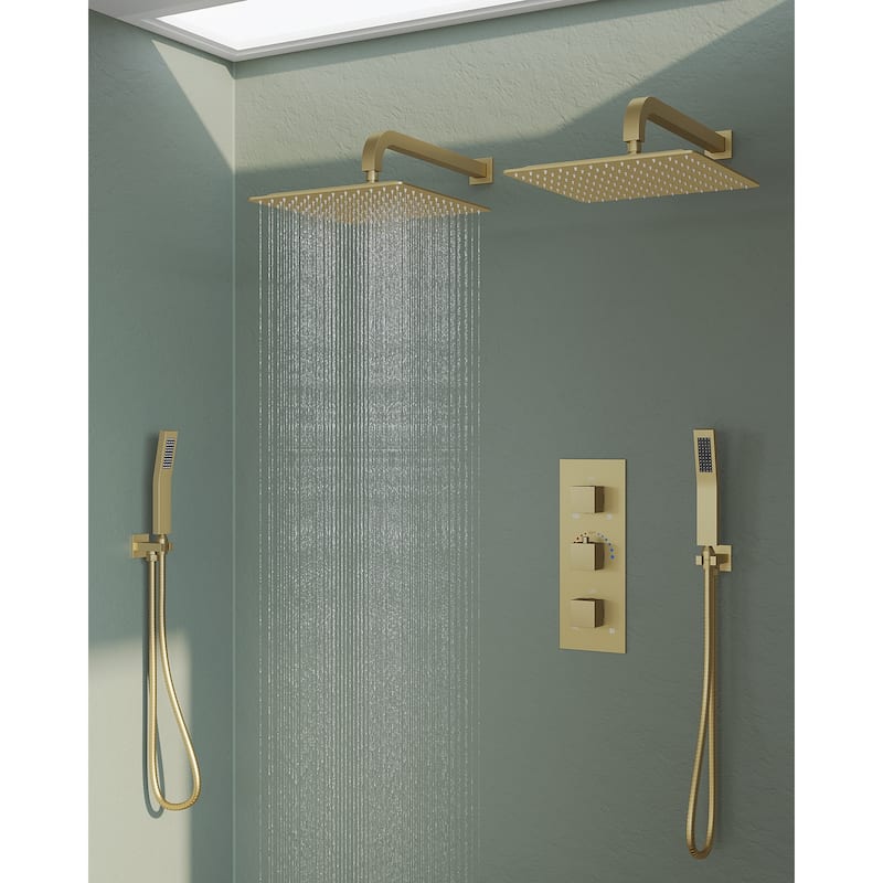 GRANDJOY 12 inch Wall Mounted Dual Shower Heads with Handheld Spray Combo Thermostatic High Pressure Shower System - Brushed Gold