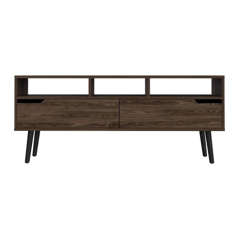 Modern Dark Walnut TV Console with Three Shelves & Two Drawers - Fits TVs Up to 52"