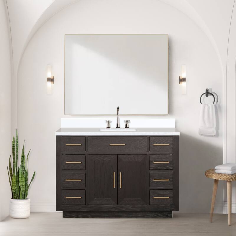 Abbey 48 in W x 22 in D Black Oak Single Bath Vanity, White Quartz Top, Faucet Set, and 46 in Mirror - Brown Oak