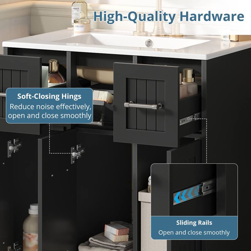 30" Bathroom Vanity Cabinet with Undermount Sink, Solid Wood Frame Bathroom Vanity Base & Ceramic Basin Set