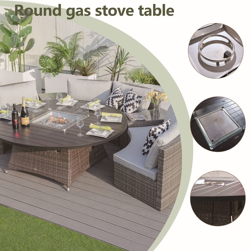 Modern 9-piece Aluminum Round Fire Pit Table Set with 8 Chairs for Patio