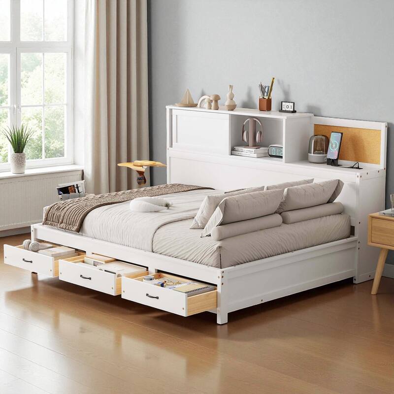 Twin Wooden Daybed with 3 Storage Drawers, USB & Outlet Ports, Pushable Top Shelf, Soft Board Headboard - White - Twin