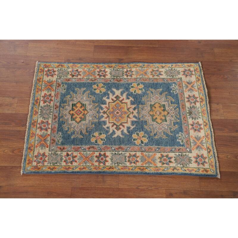 Hand Knotted Oriental 100% Wool Carpet Traditional Geometric Navy Blue & Blues Kazak Area Rug - 2' 10'' X 1' 11''