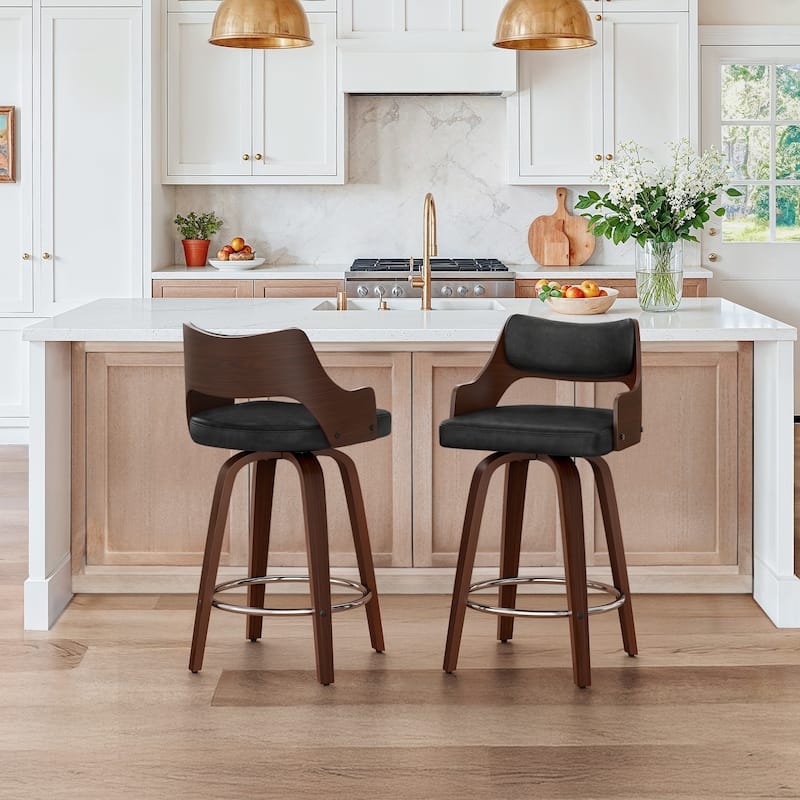 Set of 2 Modern Swivel Bar Stools with Curved Wood Back Upholstered Armrest Counter Stool - Black