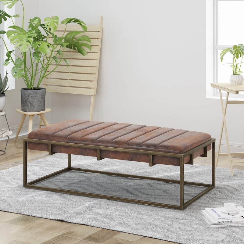 Upholstered Velvet Ottoman Bench with Brass Finish