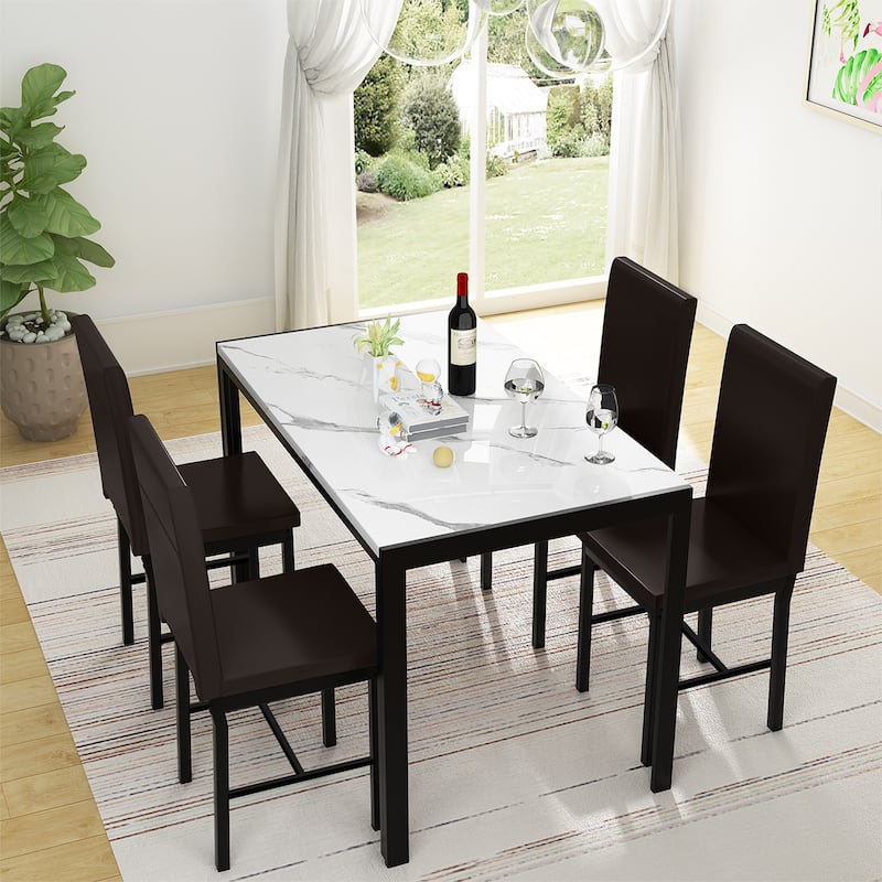 Mieres 5-Piece Dining Table Set with Faux Marble Top and 4 PU Leather Upholstery Chairs for Kitchen Dining Room - White-Chair B