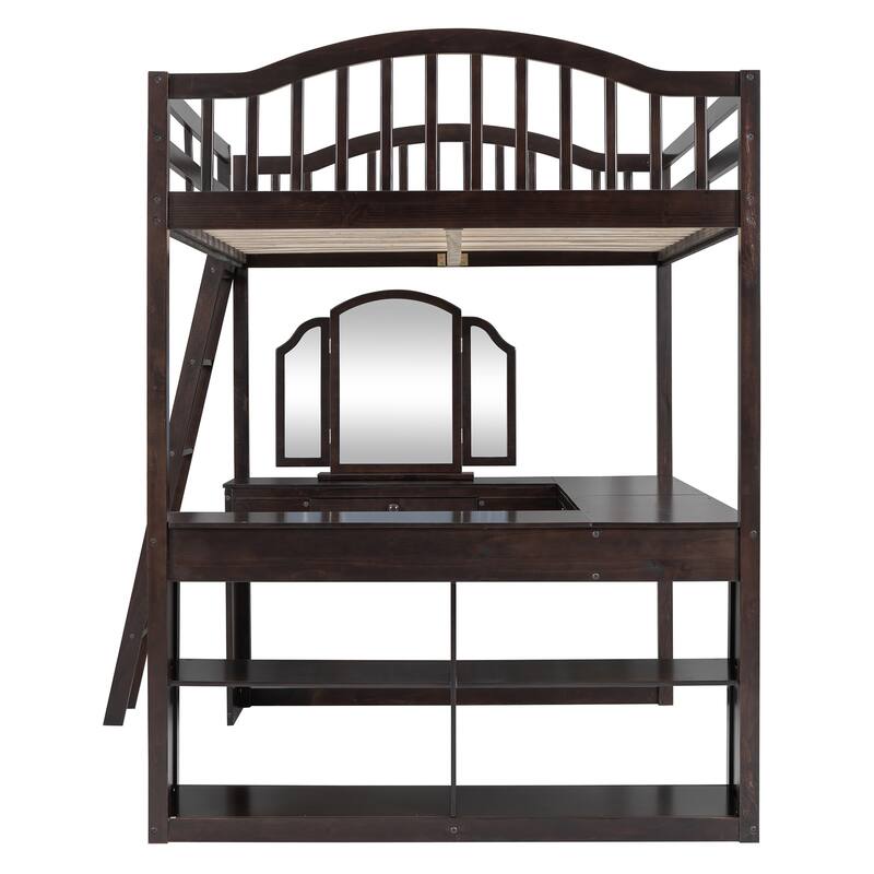 Full Loft Bed with U-shaped Desk, Tri-fold Mirror and Storage Shelves