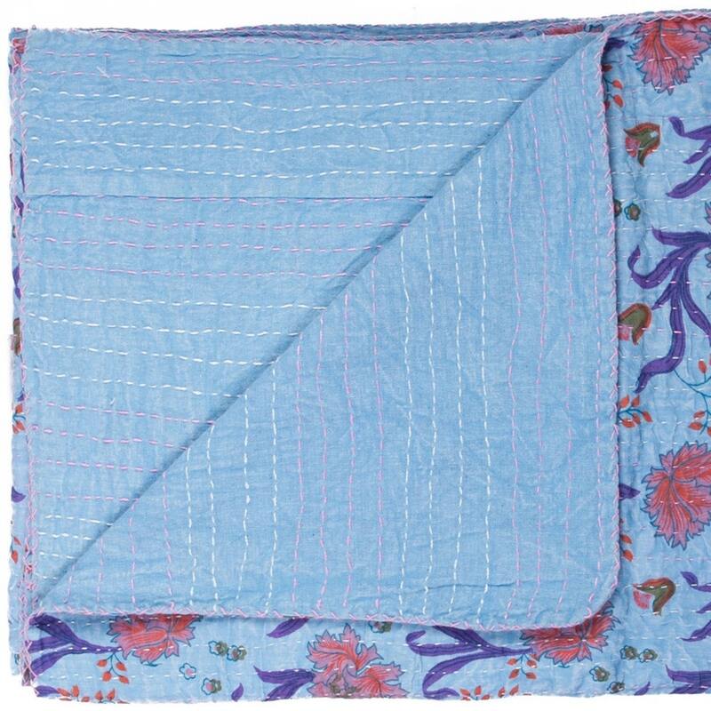 HomeRoots 50" X 70" Blue and Purple Kantha Cotton Floral Throw Blanket with Embroidery