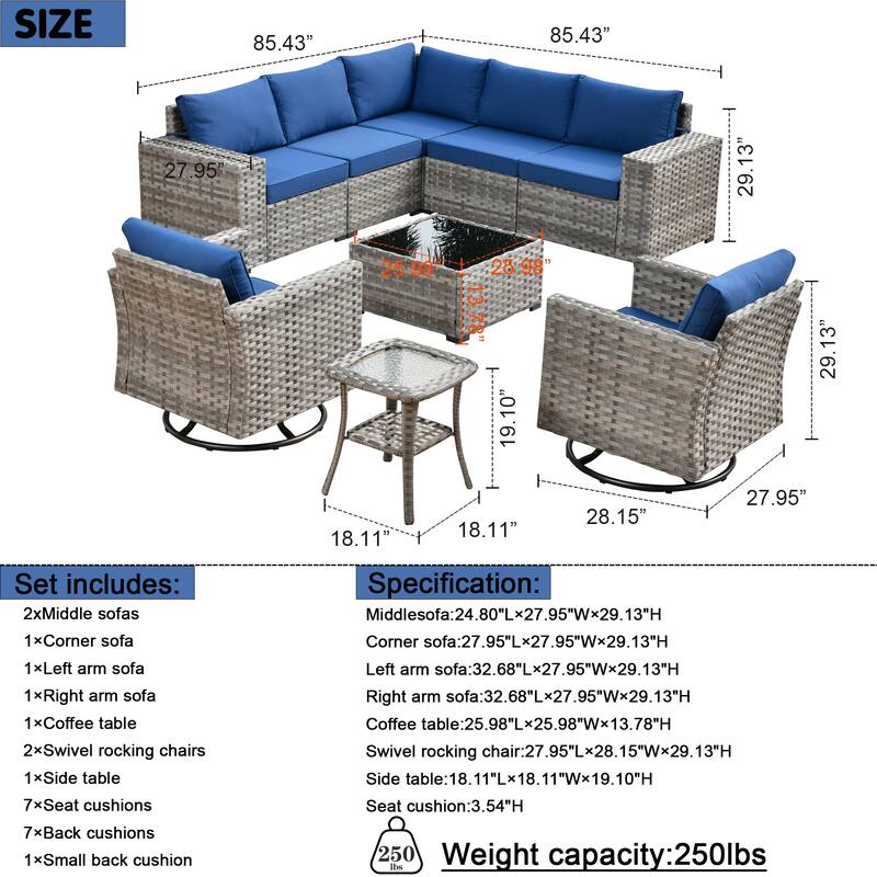 OVIOS 9-piece Patio Wicker Swivel Rocking Chair Set with Glass-Top Tables