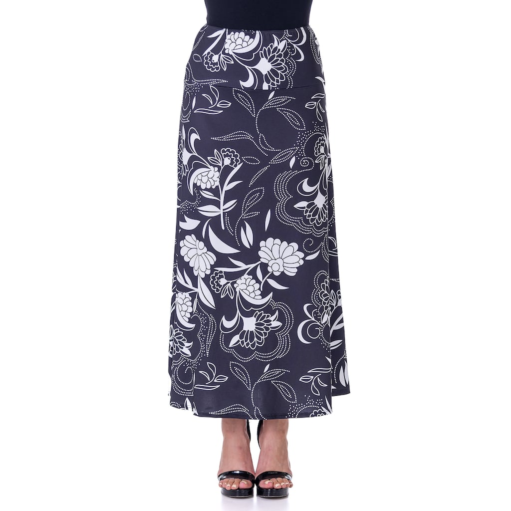 24seven Comfort Apparel Black and White Floral Elastic Waist Ankle Length Comfortable Maxi Skirt
