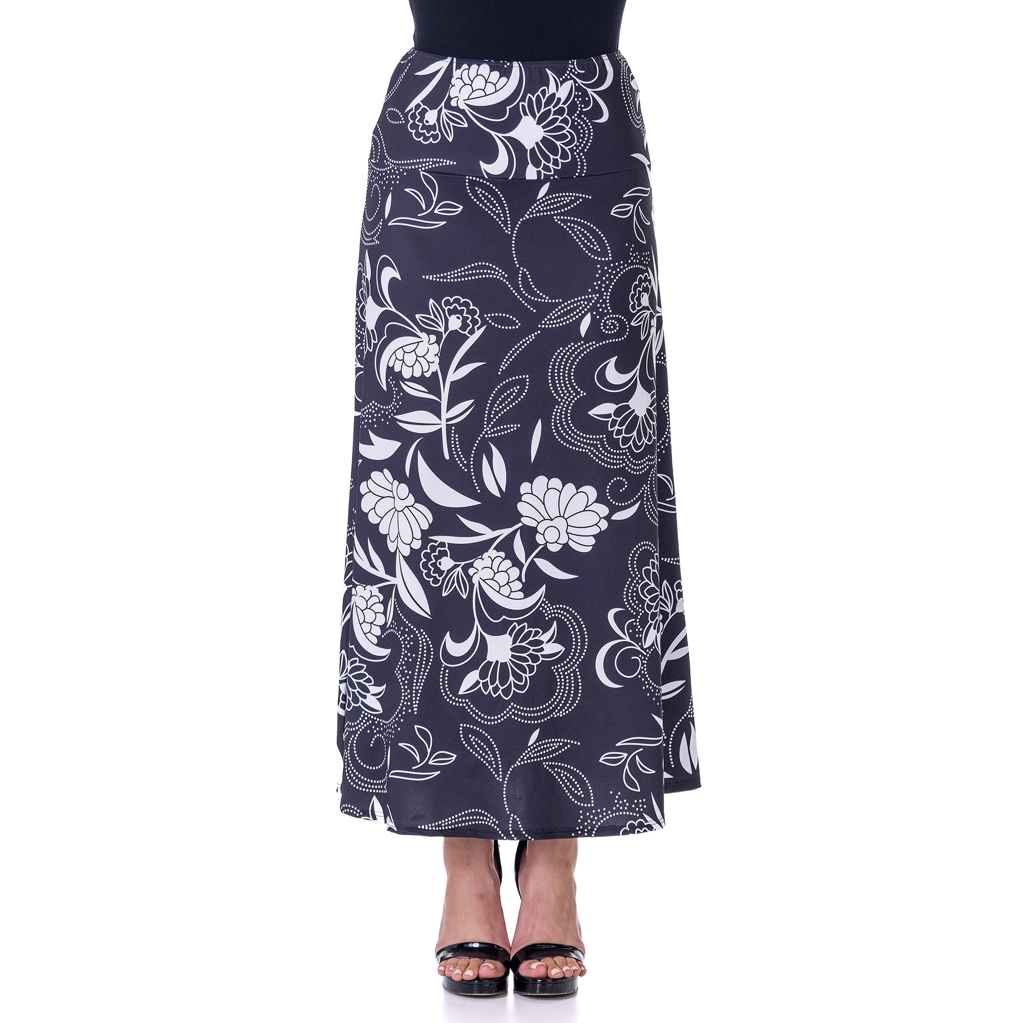 24seven Comfort Apparel Black and White Floral Elastic Waist Ankle Length Comfortable Maxi Skirt