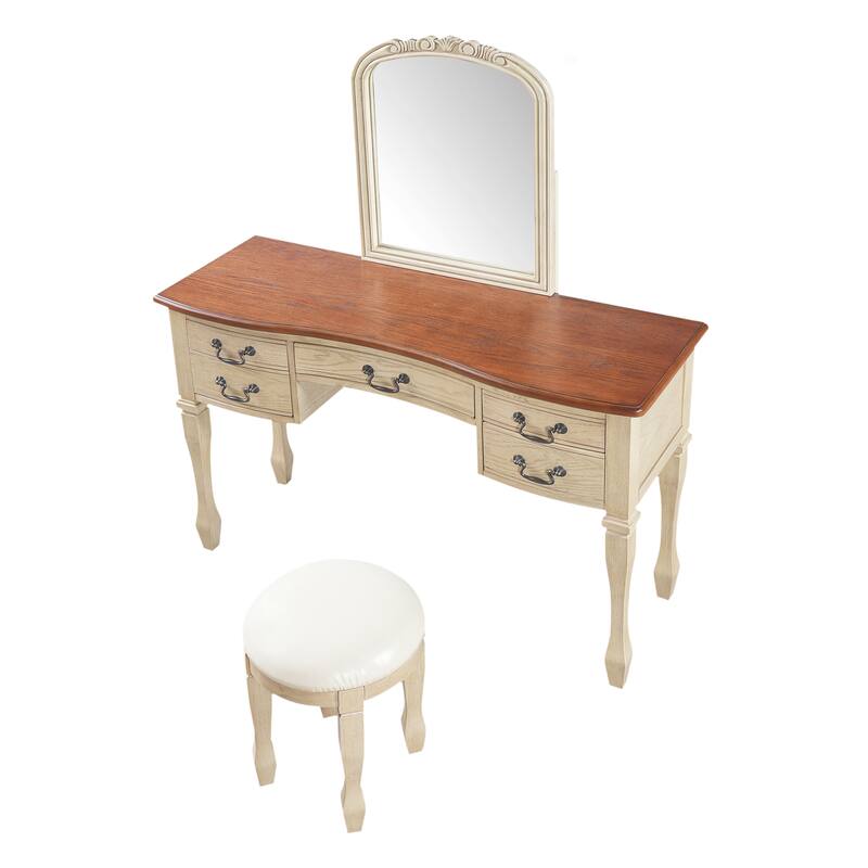 Vanity Desk with Curved Flower Frame Mirror, Dressing Table Set with 5 Drawers & Leather Stool, Wood Makeup Table for Bedroom