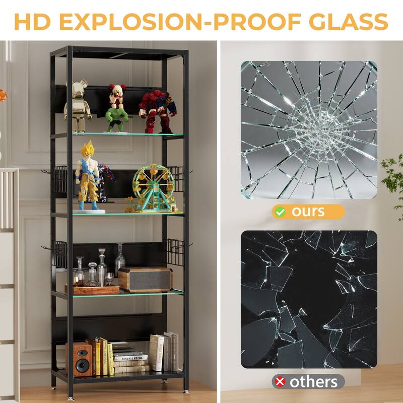 4 Tier Glass Display Shelf with RGB LED Lights, Metal Standing Curio Shelf with Adjustable Box and Hooks